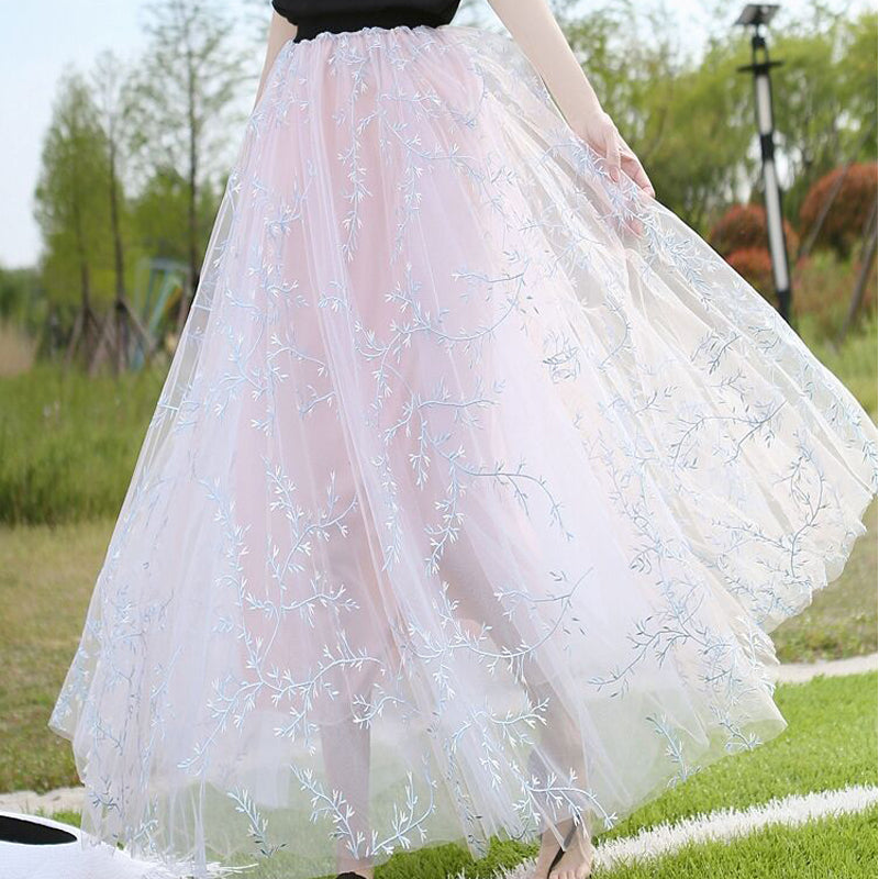 Mesh Skirt Women's Summer High Waist Embroidery