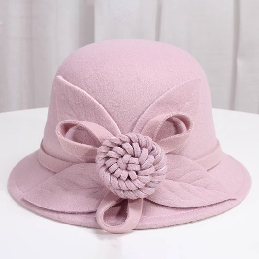 Korean Style Autumn And Winter Women's Woolen Hat Flowers British Retro Fisherman Basin Hat