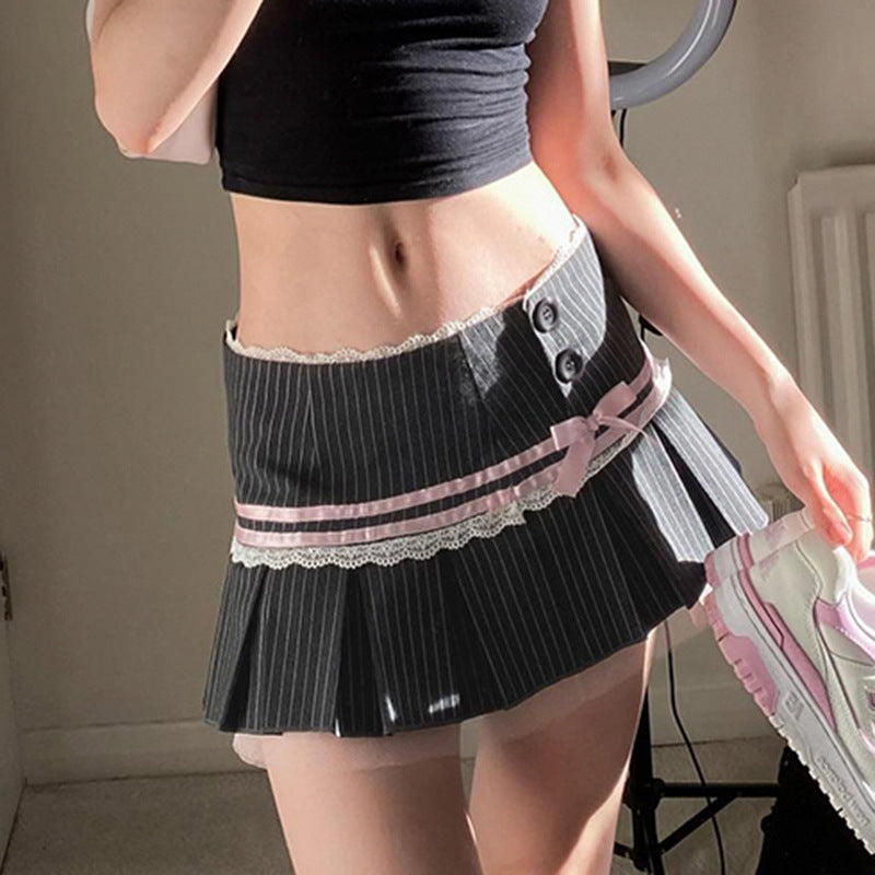 Preppy Style Cute Girl Striped Lace Bow Pleated Skirt Low Waist Skirt With Lining