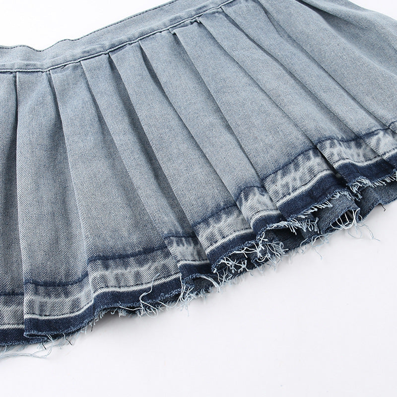 All-matching Casual High Waist Pleated Denim Skirt For Women