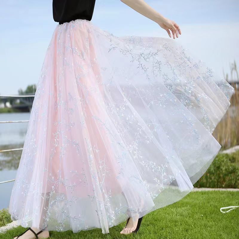 Mesh Skirt Women's Summer High Waist Embroidery