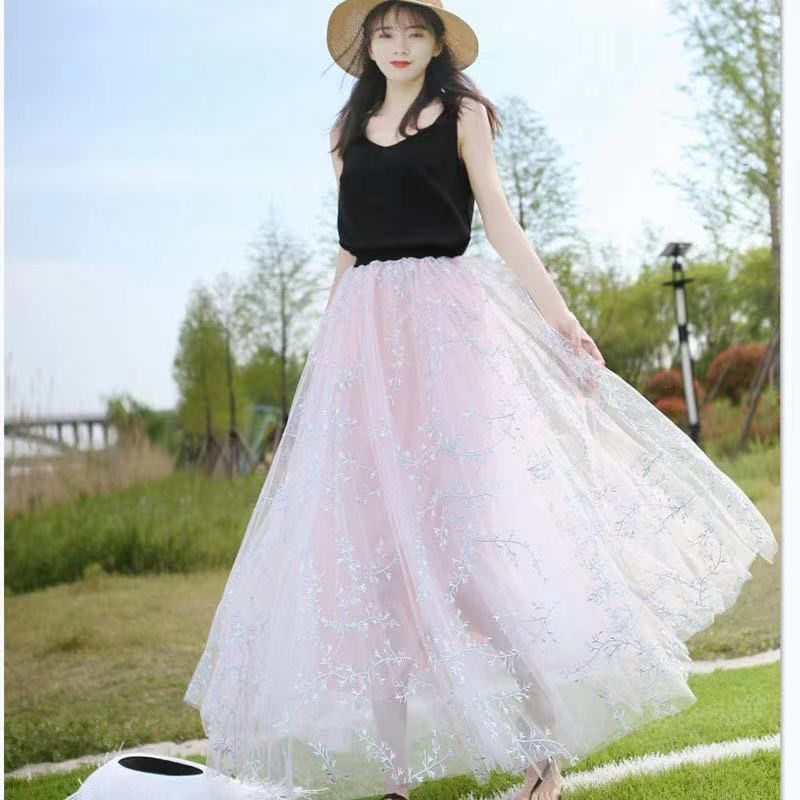 Mesh Skirt Women's Summer High Waist Embroidery