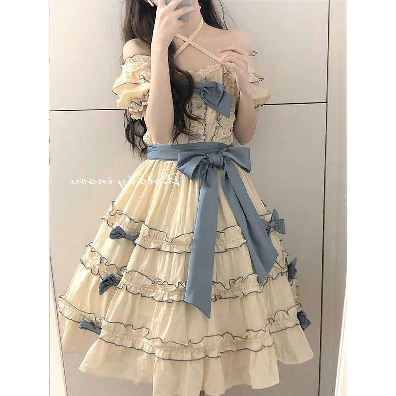 French Lolita Princess Dress Western Style Puff Sleeve Stitching Lace