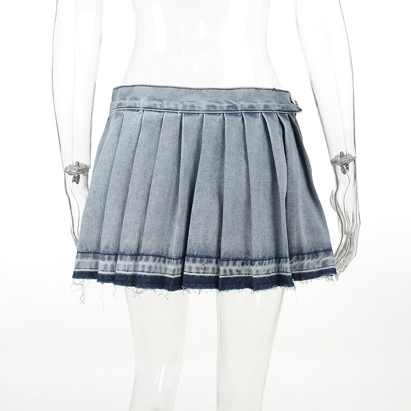 All-matching Casual High Waist Pleated Denim Skirt For Women