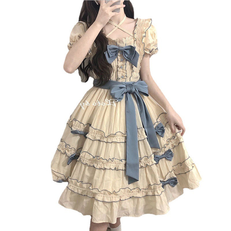 French Lolita Princess Dress Western Style Puff Sleeve Stitching Lace