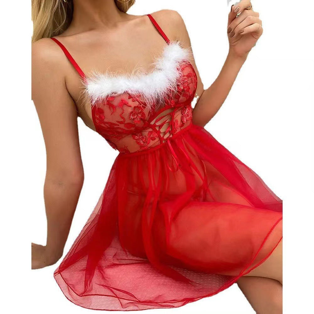 Red Feather Sling Christmas Clothes Back Slit Skirt