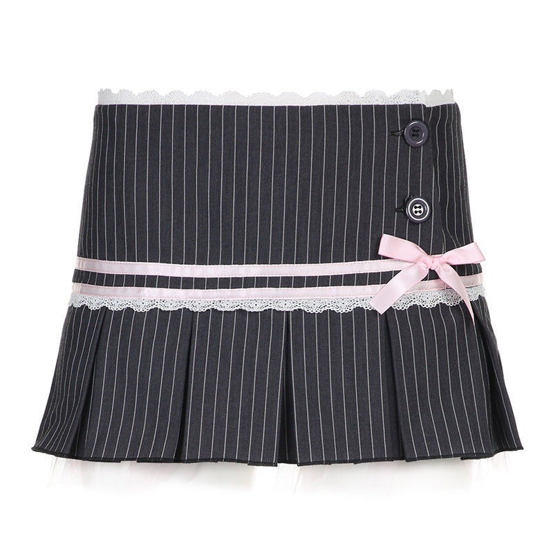 Preppy Style Cute Girl Striped Lace Bow Pleated Skirt Low Waist Skirt With Lining